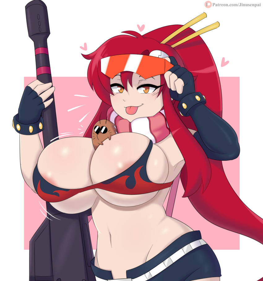 1girls absurd_res big_breasts bikini boota breasts cleavage elbow_gloves female female_only flame_print highres huge_breasts jinu large_breasts looking_at_viewer nipple_slip orange_eyes patreon ponytail red_hair rifle scarf short_shorts simple_background solo sunglasses sunglasses_on_head swimsuit tengen_toppa_gurren_lagann twitter wide_hips yoko_littner