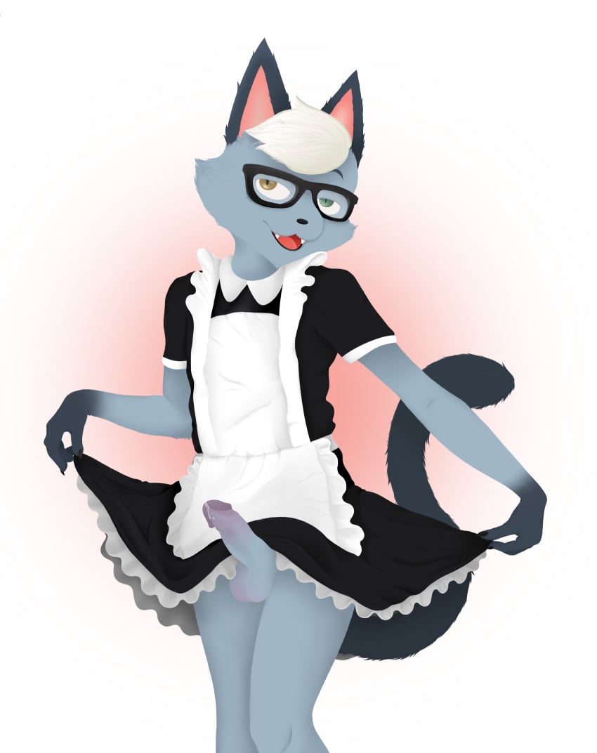 absurdres alpha_channel animal_crossing anthro clothing_lift crossdressing domestic_cat dress dress_lift erection felid feline felis furry genitals girly highres looking_at_viewer maid_uniform male mammal nintendo no_underwear open_mouth open_smile penis raised_tail raymond_(animal_crossing) smile solo submissive submissive_male thr33y3dg0at uniform