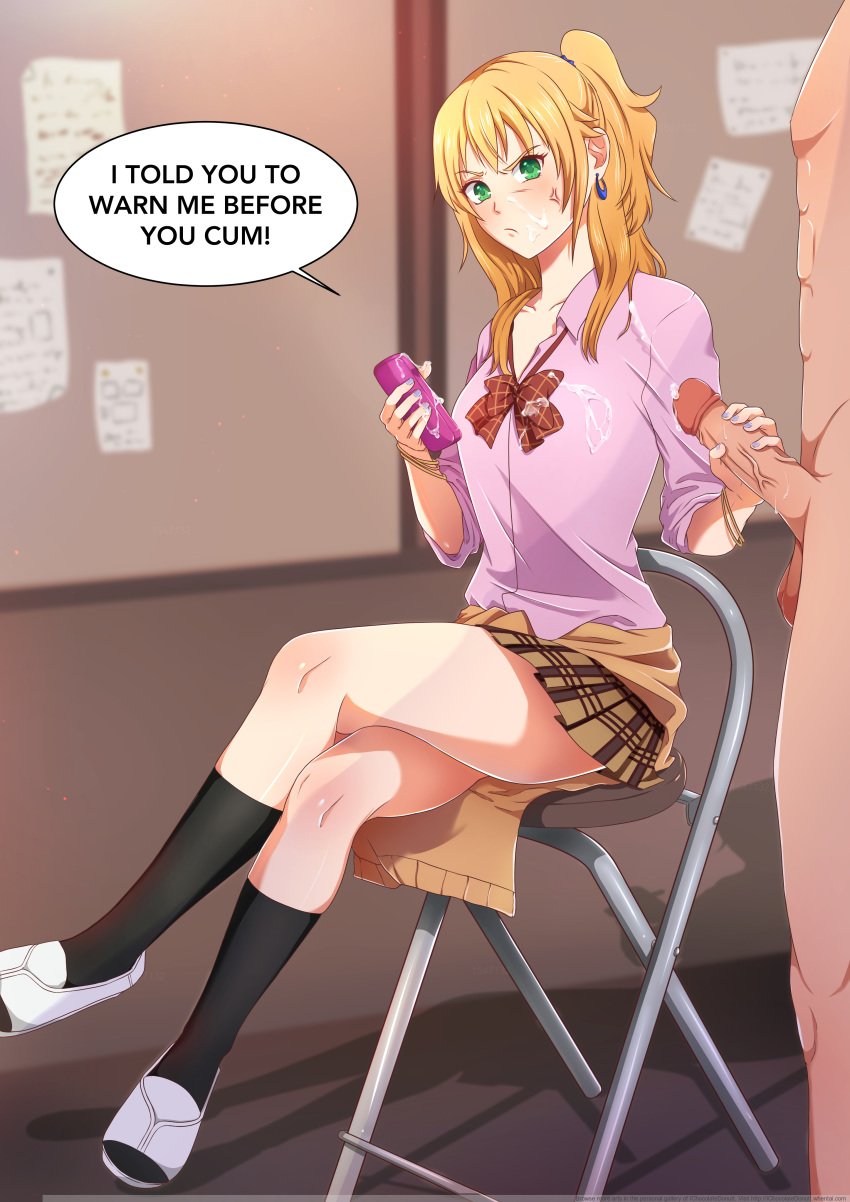 1boy 1girls absurd_res aihara_yuzu anger_vein black_legwear blonde_hair citrus_(saburouta) clothed_female_nude_male crossed_legs cum cum_on_body cum_on_face green_eyes gyaru handjob hoop_earrings ichocolatedonuti miniskirt phone school_uniform shoes straight text uwabaki whentai