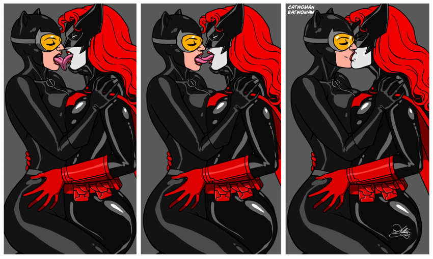 2girls batman_(series) batwoman bodysuit breast_press catwoman clothing dc dc_comics kate_kane kaywest latex_suit long_tongue multiple_girls red_hair straight_hair tongue_kiss tongue_out yuri