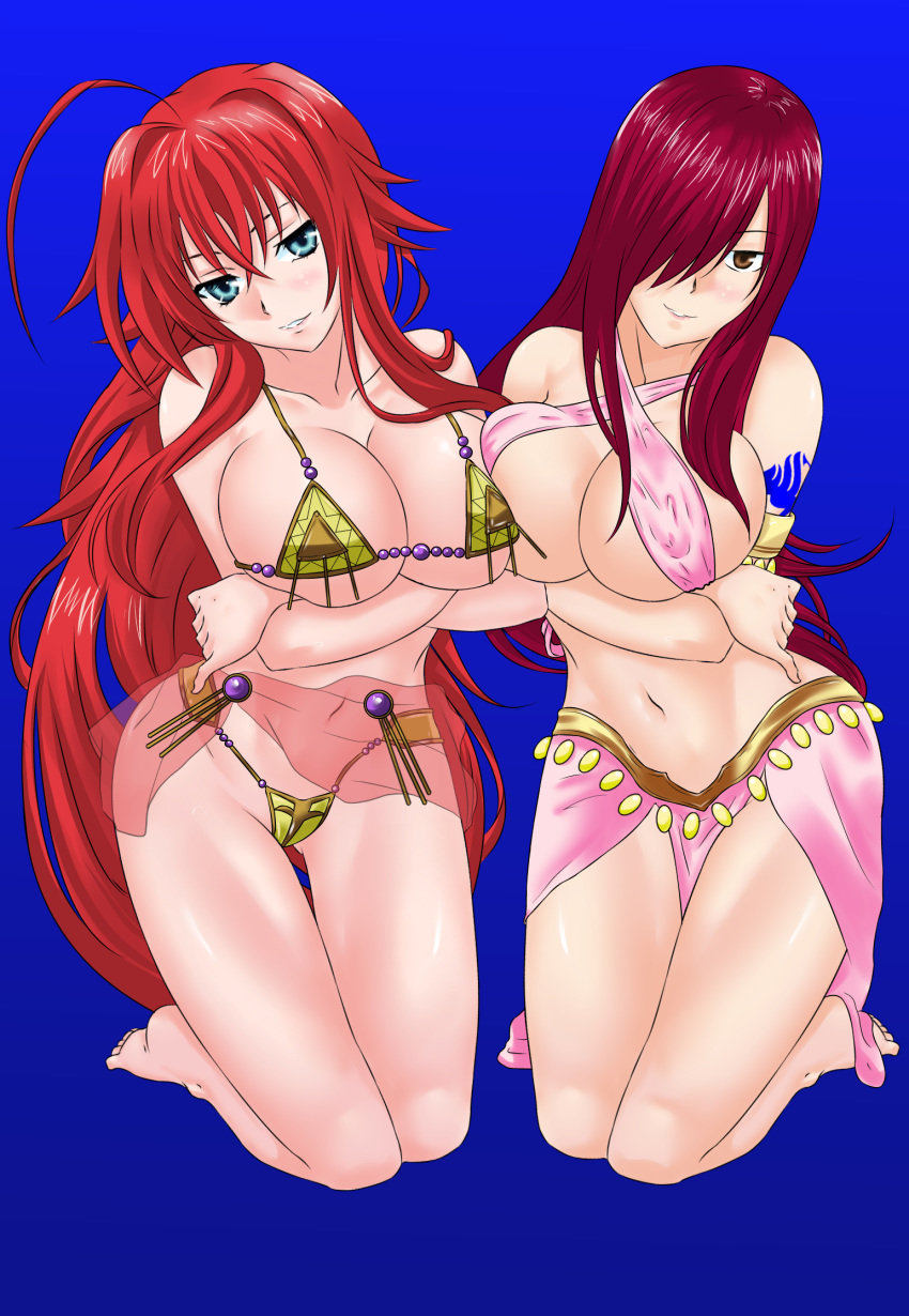 2girls ahoge alternate_costume arabian_clothes armband bangs barefoot belly_dancer big_breasts bikini blue_eyes blush boobs breast_hold breasts cleavage collarbone commission copykat copykatcomics crossed_arms dancer dancer_outfit demon_girl deviantart_copykatcomics erza_scarlet fairy_tail female female_only hair_over_one_eye harem_outfit high_school_dxd human jewelry large_breasts long_hair looking_at_viewer micro_bikini patreon_becauseiloveyourfeet red_hair revealing_clothes rias_gremory seductive seductive_look seductive_smile sideboob skimpy skimpy_clothes smile tattoo underboob very_long_hair