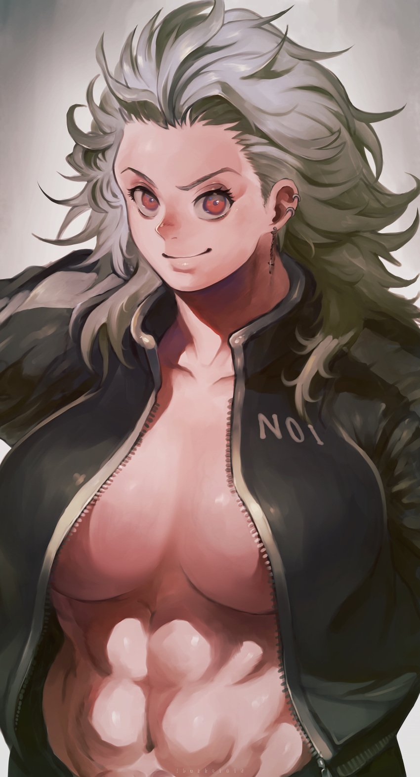 1girls abs dorohedoro ibuo jacket large_breasts muscular no_bra noi_(dorohedoro) open_clothes painting_(artwork) red_eyes smile solo white_hair