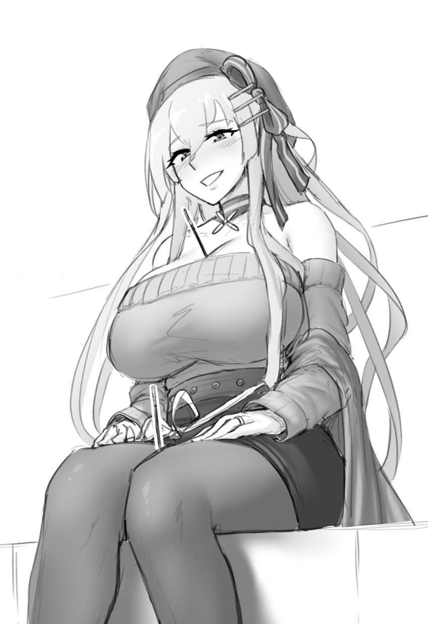 azur_lane bare_shoulders belfast_(azur_lane)_(cosplay) belfast_(shopping_with_the_head_maid)_(azur_lane) beret black_and_white cleavage cosplay female frolaytia_capistrano heavy_object huge_breasts line_art long_hair monochrome no_color pantyhose pocky roresu