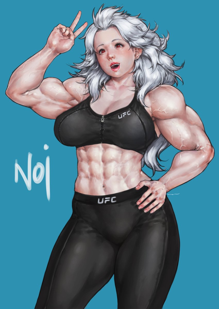 1girls abs alternate_version_available big_breasts blue_background breasts dorohedoro ear_piercing female female_only huge_breasts large_breasts long_hair looking_at_viewer mma muscles muscular muscular_female noi_(dorohedoro) open_mouth prinzkuon red_eyes silver_hair smile solo sports_bra standing text thick_thighs ufc v white_skin workout_clothes yoga_pants