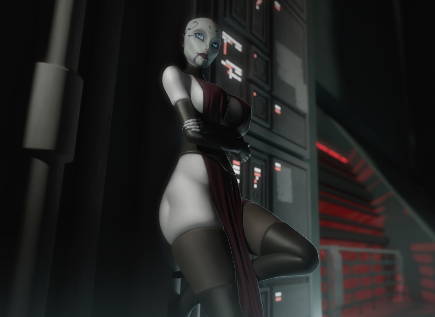 1girls 3d against_wall armwear asajj_ventress background bald bald_female big_ass big_breasts blue_eyes breasts clone_wars covered_breasts covered_pussy covering crossbowpussycat crossed_arms dathomiri detailed_background eyes face_tattoo facial_markings heels leaning leaning_against_wall leaning_back leg_up markings pale-skinned_female pale_skin prostitute prostitution red_clothing science_fiction side_view sideboob socks standing_on_one_leg star_wars stockings tattoo thick_thighs thighhighs waiting white_body white_skin