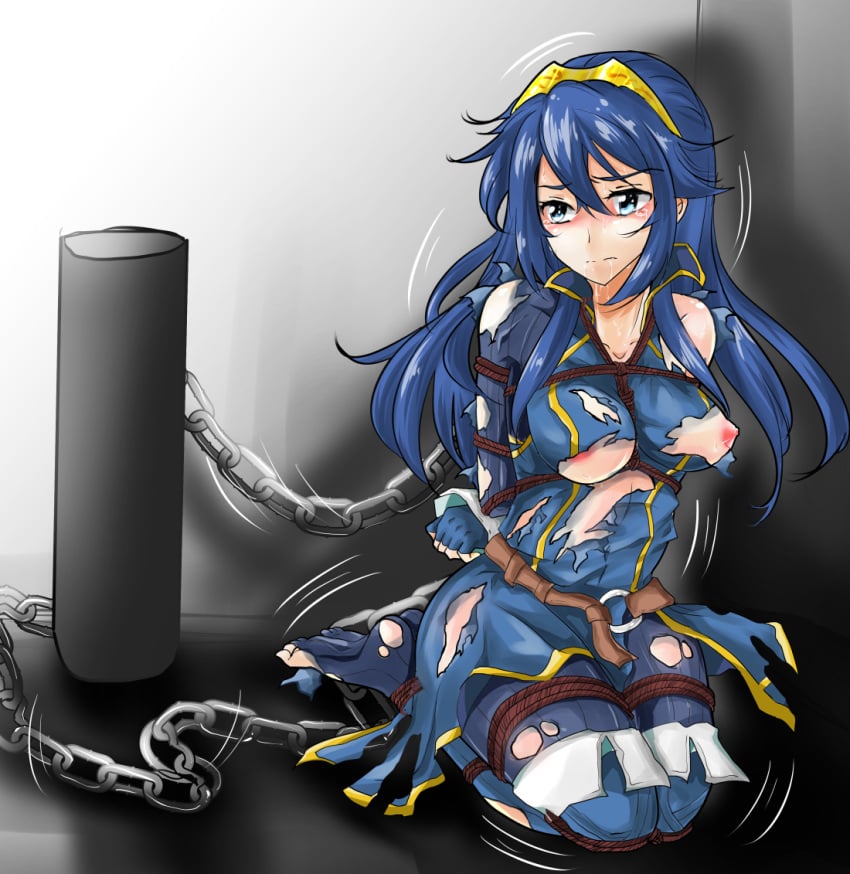 1girls blue_eyes blue_hair blush blushing bondage chained chains crying female fire_emblem fire_emblem_awakening long_hair lucina_(fire_emblem) madao medium_breasts nintendo nipples on_knees restrained ripped_clothing rope rope_bondage saliva saliva_trail shivering solo solo_female struggling sweat tearing_up tears tiara tied_hands tied_up torn_clothes