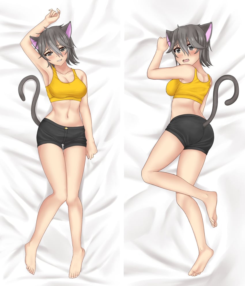 1girls animal_ears animal_tail arm_up armpit bed bed_sheet black_shorts blush blushing bra breasts cat_ears cat_tail catgirl cleavage clothed clothed_female clothing dakimakura eternalrainbows fang feet female female_focus female_only grey_eyes grey_hair lemonade_cat looking_at_viewer looking_back lying lying_on_back lying_on_side medium_breasts multiple_views navel nervous nervous_smile no_socks on_back on_bed open_mouth pale-skinned_female pale_skin roblox roblox_game short_hair shorts shy sideboob smile solo solo_female stomach tail thighs tongue tower_heroes yellow_bra yellow_topwear