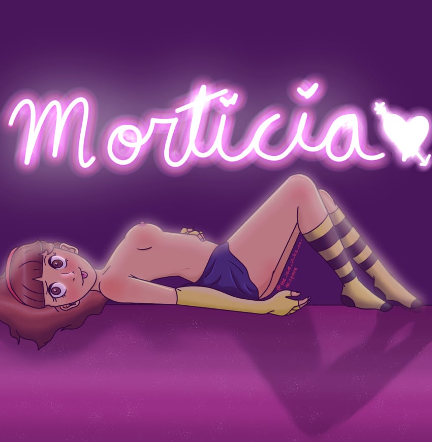 1girls brown_hair genderswap laying_down looking_at_viewer morticia_smith pose rick_and_morty skirt solo yellow_socks