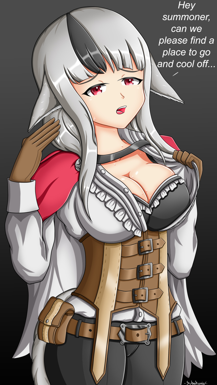 1girls animal_ears big_breasts black_bra bra cleavage dialogue english_text female female_only fire_emblem fire_emblem_fates fire_emblem_heroes grey_hair large_breasts liu_(lewd_it_up) monster_girl nintendo solo subatonic sweat sweatdrop sweating tail taking_clothes_off text too_hot unbuttoned unbuttoned_shirt undressing velouria_(fire_emblem) wolf_ears wolf_girl