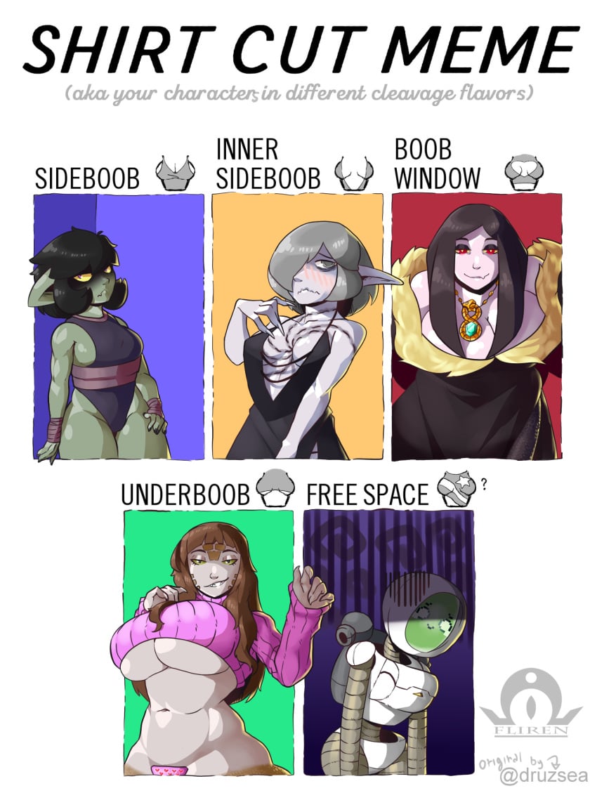 5girls big_breasts black_hair breasts brown_hair crocodile_girl elf fliren goblin goblin_female grey_hair huge_breasts long_nails no_breasts pale_skin red_eyes robot robot_girl shirt_cut_meme small_breasts snake_girl thighs vampire