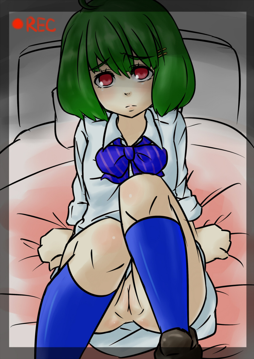 bed blush clothing female green_hair hairclip macross macross_frontier no_panties pillow pussy ranka_lee recording red_eyes rountain school_uniform shoes short_hair sitting socks solo uncensored