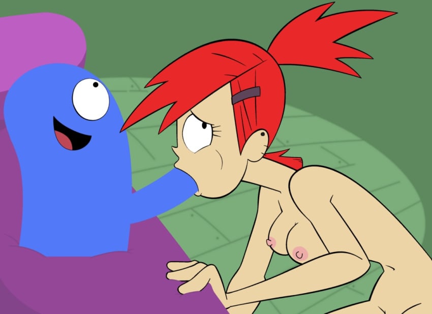 1girls black_eyes bloo blowjob blue_skin breasts cartoon_network chunk fellatio female foster's_home_for_imaginary_friends frankie_foster human male red_hair straight