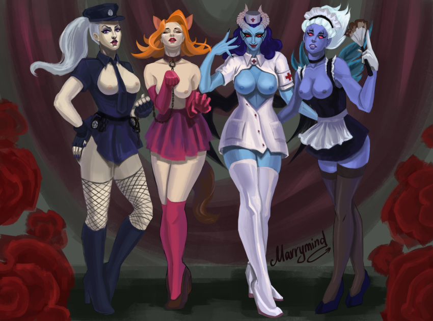 4girls animal_ears black_hair blue_skin breasts cat_ears chains collar costume demon dota_2 facepaint female fishnets ginger halloween high_heels horns lina looking_at_viewer luna_(dota) maid marrymind multiple_girls nipples nurse open_dress orange_eyes orange_hair partially_clothed pink_eyes police ponytail queen_of_pain red_eyes short_skirt stockings succubus tied_hair topless vengeful_spirit white_hair wings