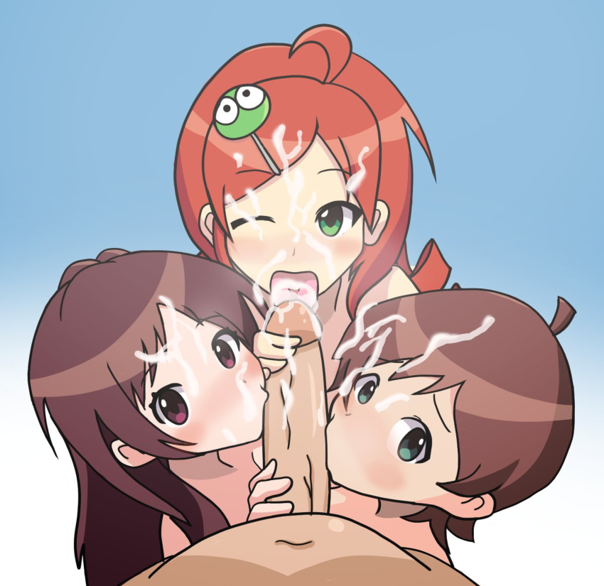 ahoge andou_ringo brown_hair collaborative_fellatio cum cum_in_hair cum_on_face fellatio hairclip idolmaster kinoshita_hinata one_eye_closed puyo_puyo puyo_puyo_7 red_hair tsujino_akari twin_drills twintails winking