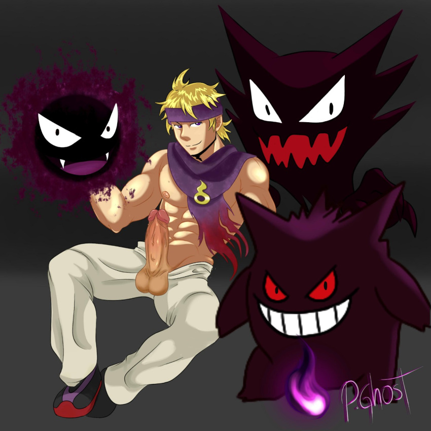 abs bara big_penis blonde_hair gay ghost gym_leader morty_(pokemon) muscular muscular_male pokemon purple_eyes