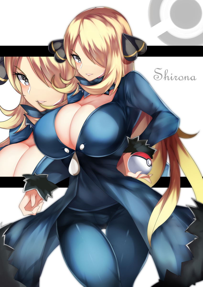 1girls big_breasts blonde_hair cynthia_(pokemon) female grey_eyes hair_ornament huge_breasts human long_hair nintendo pale-skinned_female pale_skin pokeball pokemon pokemon_dppt tea_texiamato text thick_thighs thighs tight_clothing