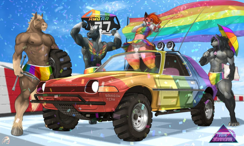 amc_pacer anthro balls_outline black_body black_hair bottomwear bulge canid canine canis car claws clothed clothing equid equine fox genital_outline gesture hair hi_res holding_object hooves horn horse legwear lips male male_only mammal muscular muscular_male nipples pointing pointing_at_viewer pride_colors rainbow_flag skirt thick_lips tire toe_claws topwear underwear unicorn unicorn_horn vehicle wolf zorro_re zorro_re_(character)