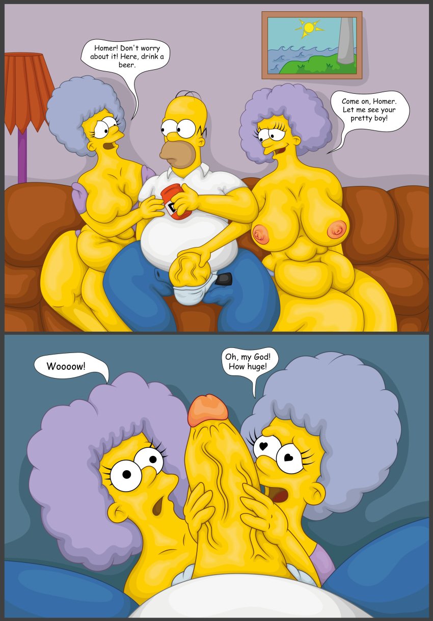 20th_century_studios accurate_art_style big_belly big_breasts bynshy chubby clothing homer_simpson obese patty_bouvier penis selma_bouvier the_simpsons underwear yellow_body yellow_skin