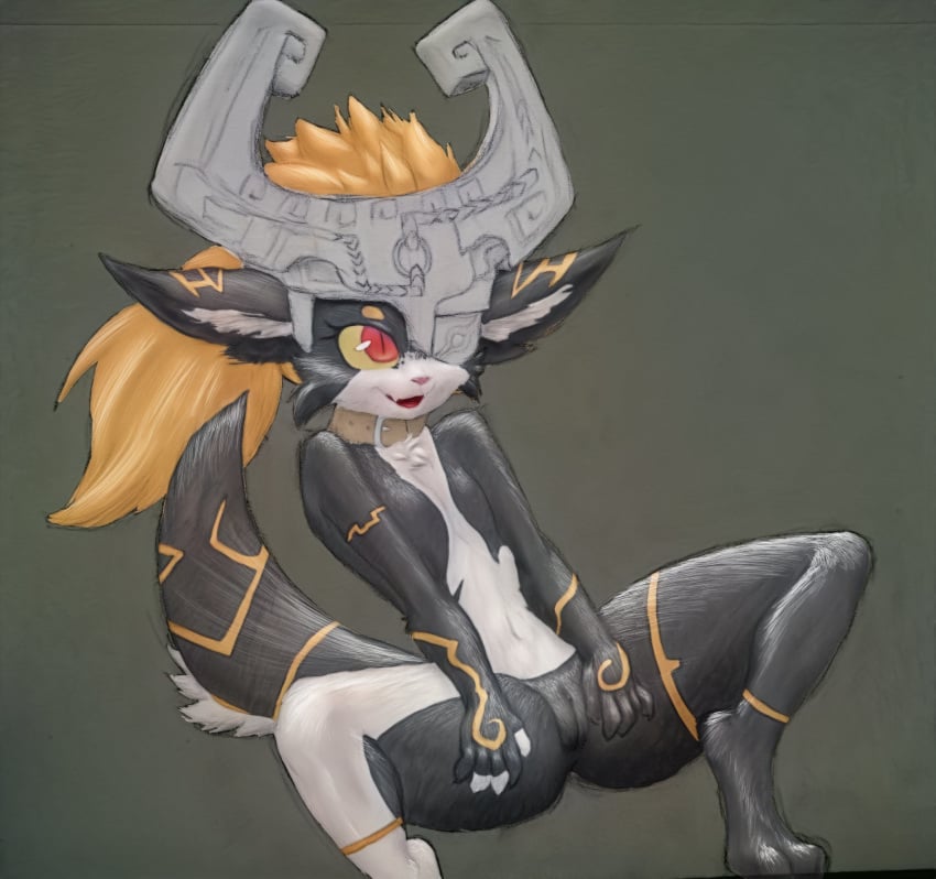 1girls alternate_species anthro armor canid canine canis collar female female_only flat_chested fluffy_ears genitals headgear helmet hi_res homekeys mammal midna multicolored_body nintendo orange_hair pussy solo the_legend_of_zelda twilight_princess video_games wolf wolf_midna