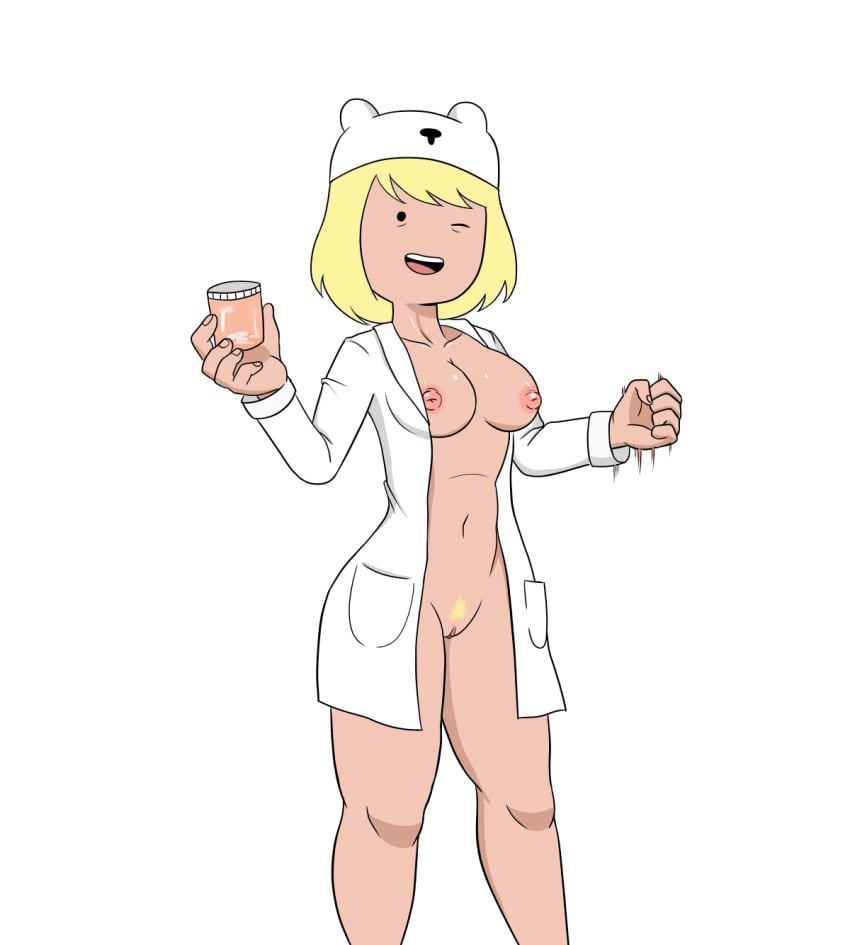 1girls adventure_time air_jerk belly belly_button blonde_hair blonde_pubic_hair breasts cameltoe chest cum female hat hips holding_object jar jerking_off_hand_motion knees labcoat legs midriff millim minerva_campbell mob_face motion_lines nipples one_eye_closed pelvis pubes pubic_hair pussy sexually_suggestive shiny_breasts simple_background smiling solo solo_female solo_focus standing teeth thigh_gap thighs tongue white_background wide_hips