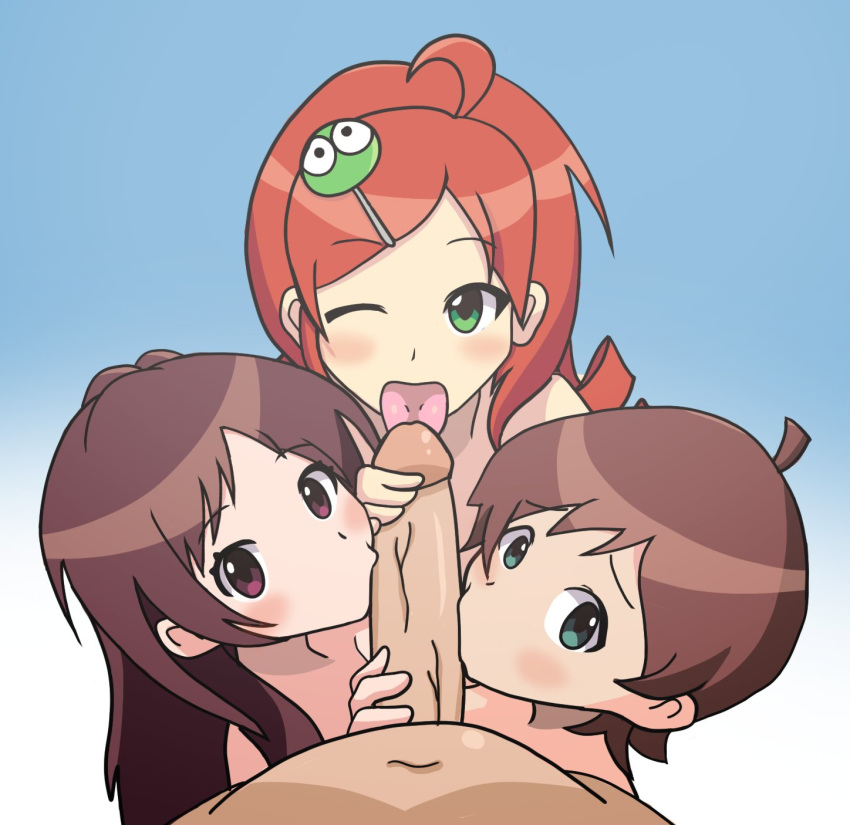 3girls ahoge andou_ringo brown_hair collaborative_fellatio crossover fellatio hairclip idolmaster kinoshita_hinata looking_at_viewer multiple_girls namco one_eye_closed puyo_puyo puyo_puyo_7 red_hair sega tsujino_akari twin_drills twintails winking