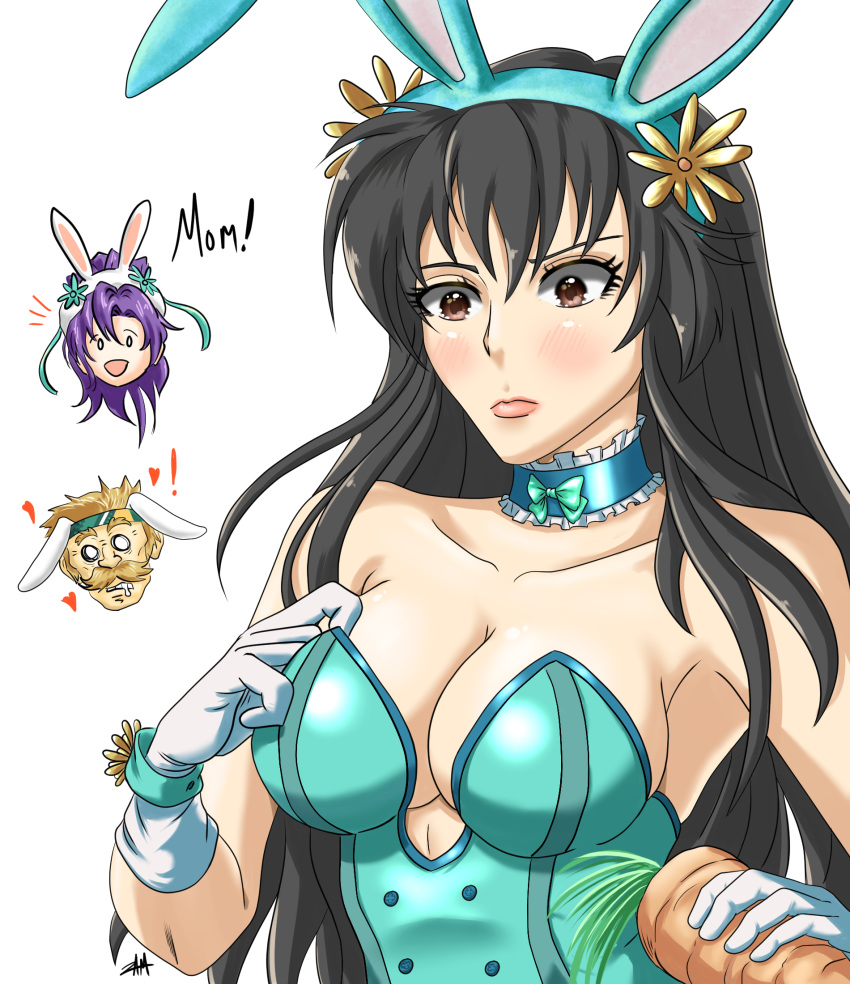 1boy 2girls alternate_costume bartre_(fire_emblem) bartre_(spring)_(fire_emblem) black_hair bunny_costume bunny_ears bunny_girl bunnysuit carrot choker cleavage easter easter_bunny female female_focus fir_(fire_emblem) fir_(spring)_(fire_emblem) fire_emblem fire_emblem:_the_binding_blade fire_emblem:_the_blazing_blade fire_emblem_heroes karla_(fire_emblem) male nintendo official_alternate_costume purple_hair solo_focus wholesome zamtranger