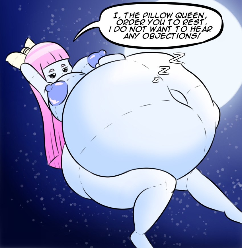 2girls ass belly_bulge belly_rub blue_skin female female_only huge_ass huge_breasts levitation mr.casino multiple_girls night pillow pink_hair queen_pillow sleeping stomach_bulge thick_thighs vore