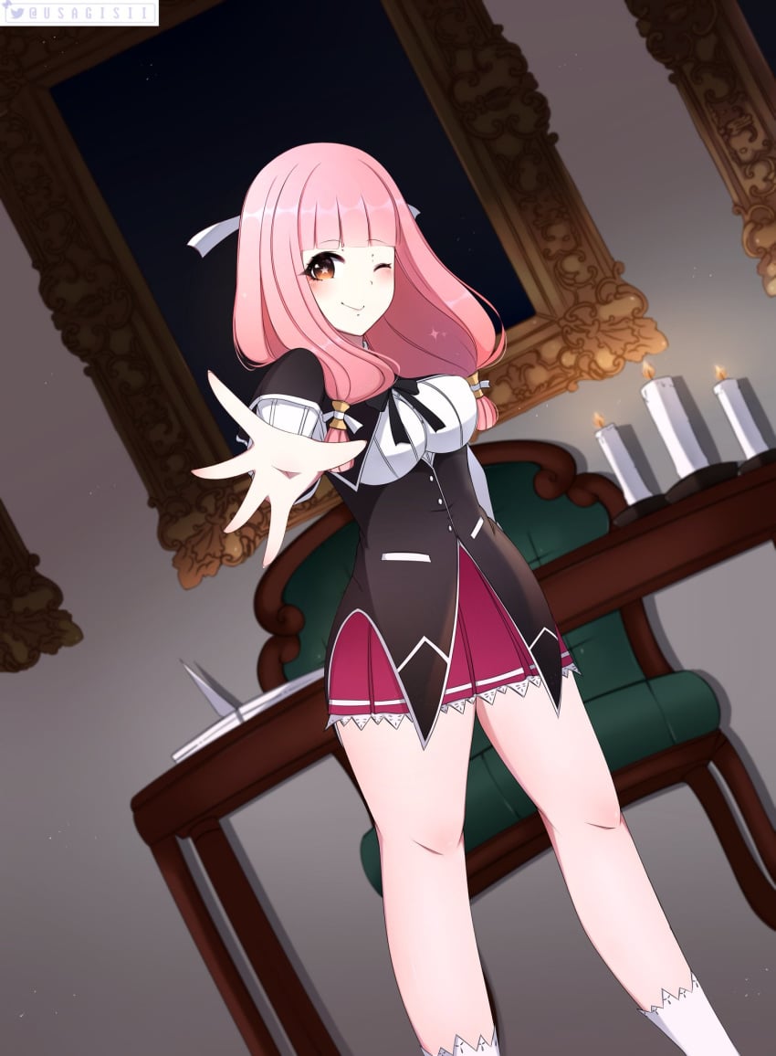 bare_legs breasts candle cosplay crossover fire_emblem fire_emblem_fates high_school_dxd kuoh_academy_school_uniform mitama mitama_(fire_emblem) pink_hair school_uniform short_dress short_skirt smile smirk star-shaped_pupils thighs usagisii wink