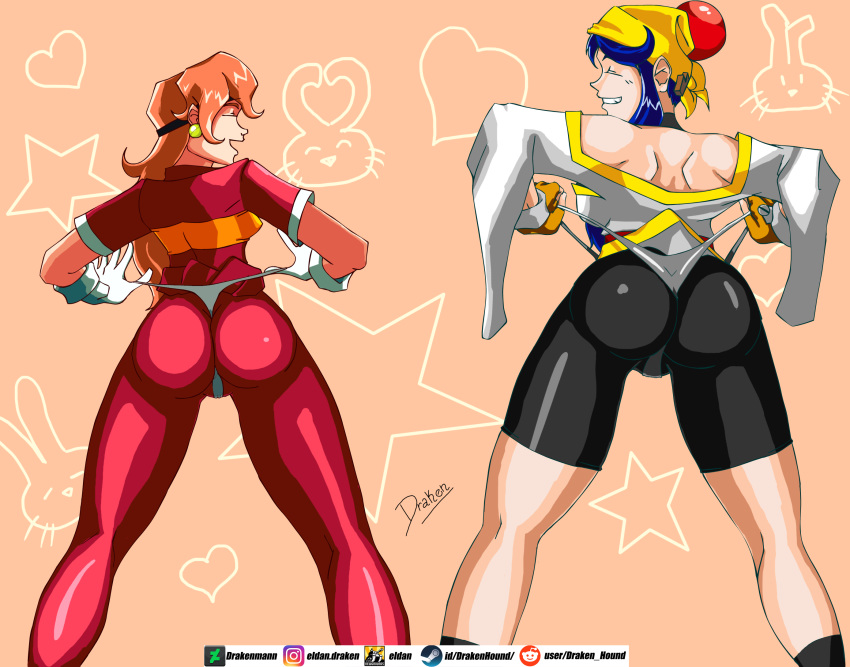 alternate_costume android ass big_ass blue_hair breasts cameltoe crossover curvaceous draken_(artist) duo female gloves human large_breasts light-skinned_female light_skin lime_(saber_j) lina_inverse long_hair panties panties_over_bodysuit panty_pull red_hair saber_marionette_j self_wedgie slayers spats thick_thighs thong wedgie wide_hips