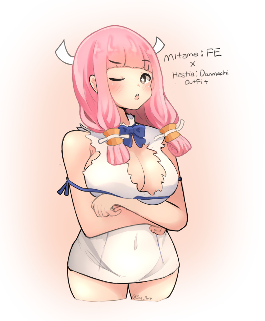 alternate_costume big_breasts blush cosplay dungeon_ni_deai_wo_motomeru_no_wa_machigatteiru_darou_ka fire_emblem fire_emblem_fates hestia_(danmachi)_(cosplay) large_breasts mitama mitama_(fire_emblem) one_eye_closed pink_hair pout sae_art solo_female star-shaped_pupils thighs