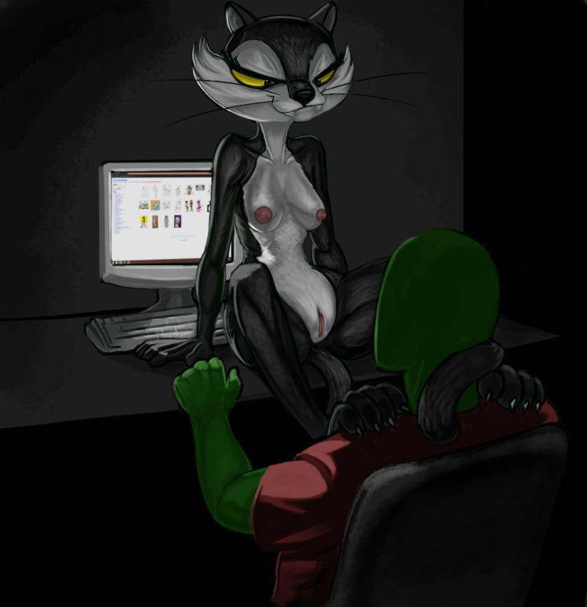 anon anthro black_body black_fur breasts clitoris computer danbooru_(booru) domestic_cat faceless_male fangs felid feline felis female fur genitals human looney_tunes male mammal painted_body painted_fur penelope_pussycat presenting presenting_pussy pussy redout seductive sitting straight warner_brothers white_body white_fur wildcat_(looney_tunes) yellow_sclera