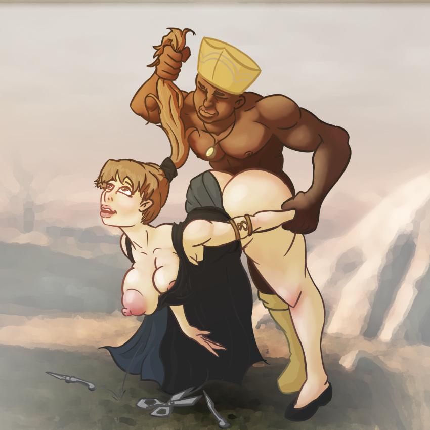 1boy 1girls areolae big_ass big_breasts breasts brown_hair bursting_breasts chisel cleavage clothing dark-skinned_male dark_skin dark_souls dark_souls_2 female from_behind fromsoftware hair_pull huge_ass huge_breasts interracial large_ass light_skin long_dress long_hair looking_down looking_up male maughlin_the_armourer medieval muscular nipples nut_your_problem outside sex smile stone_trader_chloanne tools