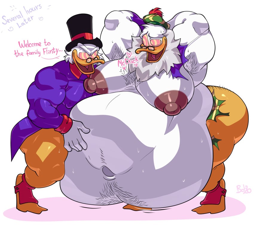 absurd_res anatid anseriform anthro avian beard belly big_belly bird bobthetanuki bottomwear clothing digital_media_(artwork) disney duck ducktales duo erect_nipples_under_clothes extrasizedbob eyewear facial_hair flintheart_glomgold gay glasses hands_behind_head hat headgear headwear hi_res hypnosis male male/male male_only mind_control nipple_bulge nipples puffy_nipples ringed_eyes scrooge_mcduck simple_background spats standing stomach_inflation tam_o'shanter text thick_thighs top_hat torn_clothing what yaoi