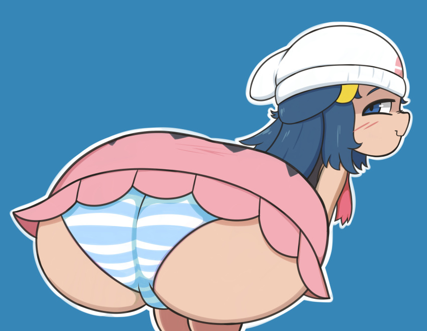 1girls ass ass_focus bent_over blue_background blue_eyes blue_hair blush closed_mouth dawn_(pokemon) female from_behind hat high_resolution huge_ass human looking_at_viewer looking_back lotikmac nintendo panties pokemon pokemon_dppt shimapan simple_background skirt sleeveless solo striped striped_panties striped_underwear underwear very_high_resolution