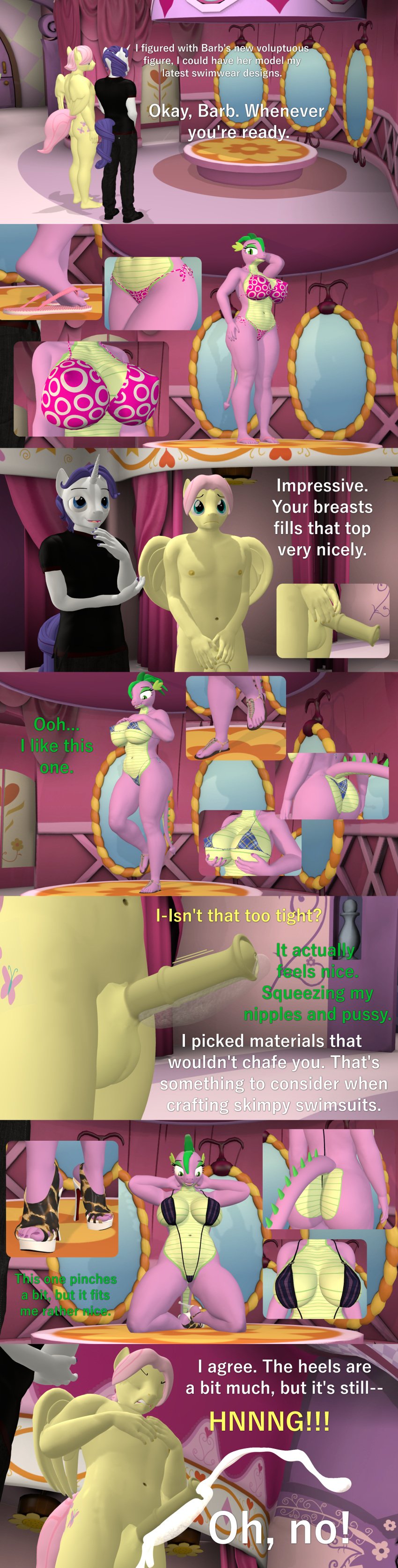 3d absurd_res animal_genitalia animal_penis anthro ass barb_(mlp) big_breasts big_butt bikini bikini_thong bodily_fluids breasts butterscotch_(mlp) clothing comic cum cumshot dialogue dragon ejaculation elusive_(mlp) english_text equid equine equine_penis erection female fluttershy_(mlp) footwear friendship_is_magic furry genital_fluids genitals group hands-free hasbro hi_res high_heels horn kneeling male mammal my_little_pony nipples nude papadragon69 pegasus penis pose rarity_(mlp) rule_63 shoes sling_bikini smooth_skin spike_(mlp) string_bikini swimwear text unicorn wings