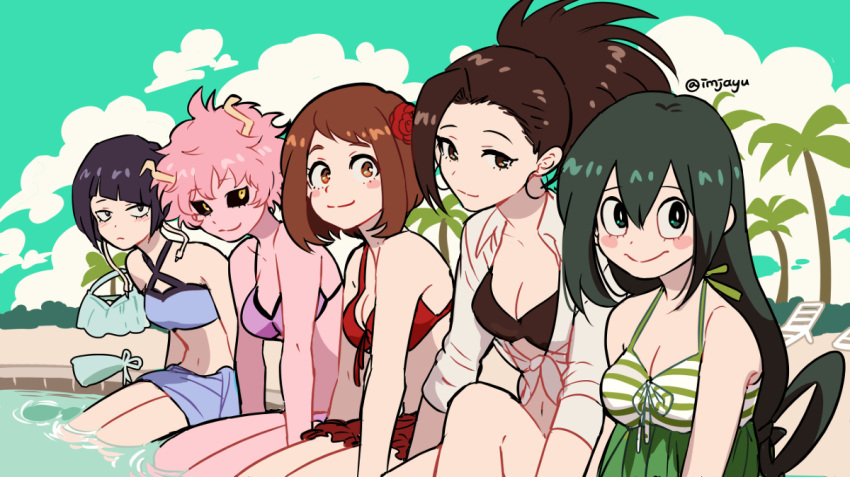 6+girls 6girls bikini black_hair brown_hair chilling earlobe_jacks earlobes earrings female female_only flower_in_hair green_hair hagakure_tooru_(invisible) horns imjayu in_a_line invisible_girl kyoka_jiro looking_at_viewer mina_ashido momo_yaoyorozu multiple_girls my_hero_academia ochako_uraraka palm_tree pink_hair pink_skin pool poolside purple_hair relaxing smile swimsuit tooru_hagakure tooru_hagakure_(invisible) tsuyu_asui wholesome