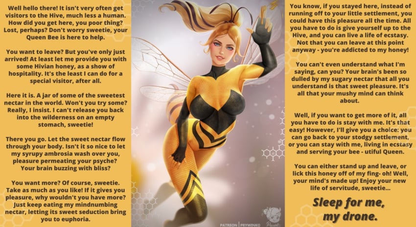 bee blonde_hair blue_eyes bodysuit caption chloe_bourgeois dialogue english_text female femdom femdom_caption hypnosis hypnotizing_viewer male_pov malesub mind_control miraculous_ladybug queen queen_bee queen_bee_(character) seductive submissive_male submissive_pov talking_to_viewer text