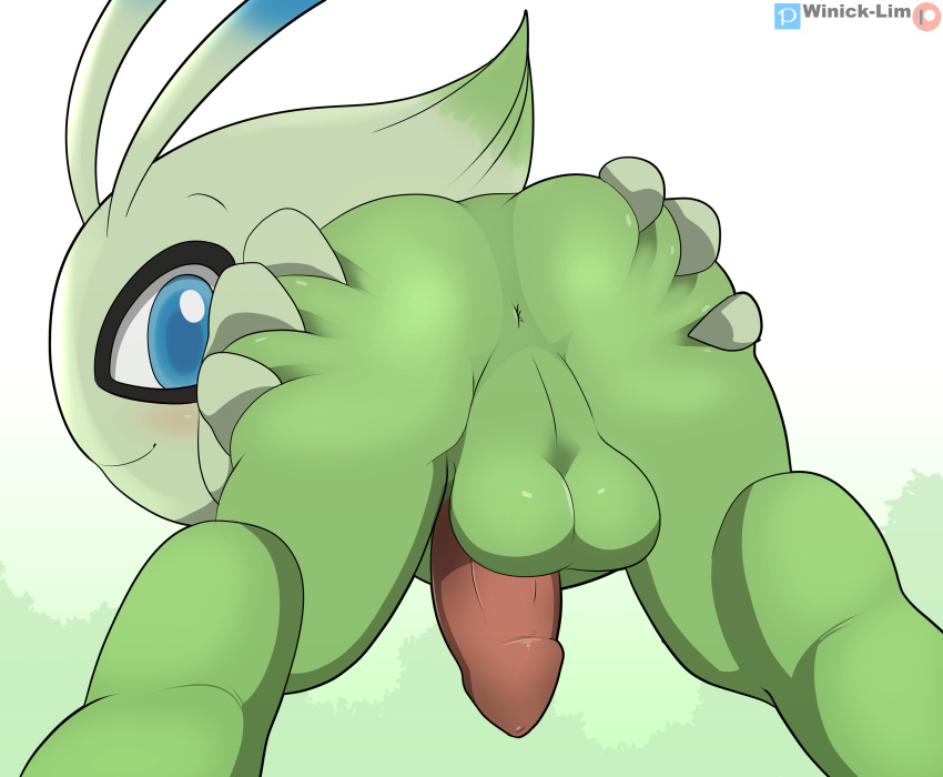 absurd_res anus ass bent_over blue_eyes celebi green_body green_butt hi_res holding_butt legendary_pokemon looking_at_viewer looking_back male male_only nintendo nude perineum pokémon_(species) pokemon pokemon_(species) rear_view smile video_games winick-lim