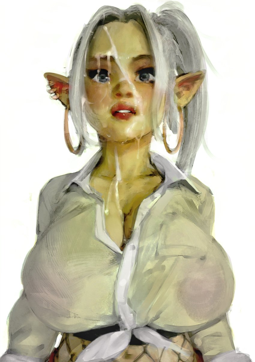 1girls breasts bust_portrait busty cleavage cum_on_face diathorn fantasy female female_focus goblin goblin_female green_skin huge_breasts lips long_hair looking_at_viewer no_bra pointy_ears see-through solo solo_female white_background white_hair white_shirt