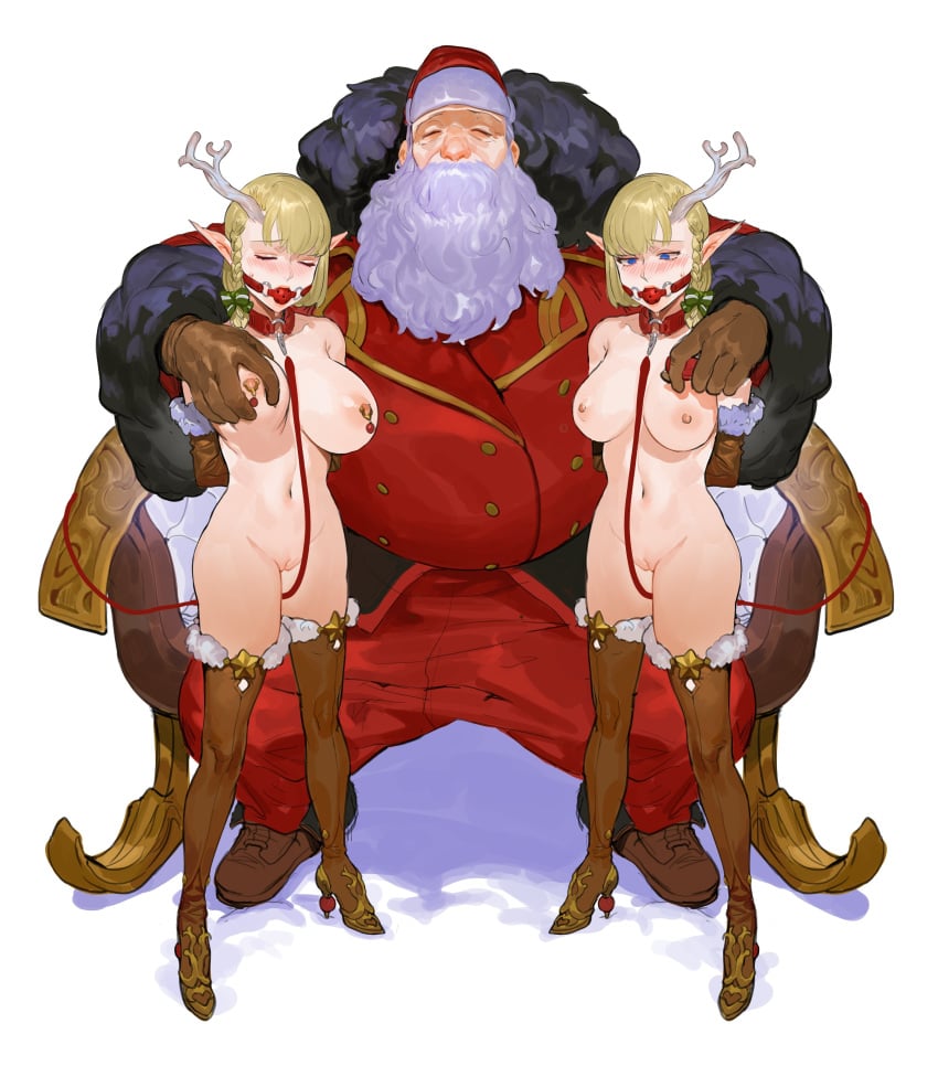 1boy 2girls age_difference arms_behind_back ball_gag beard blonde_hair bondage breast_grab christmas clothed_male_nude_female elbow_gloves female femsub full_body gag gloves groping horn huge_breasts larger_male leash male maledom multiple_girls multiple_subs naked_footwear naked_gloves naked_hat nude pimp pointy_ears pussy santa_claus single_horn sitting size_difference sohn_woohyoung standing stockings straight tabbto thigh_boots