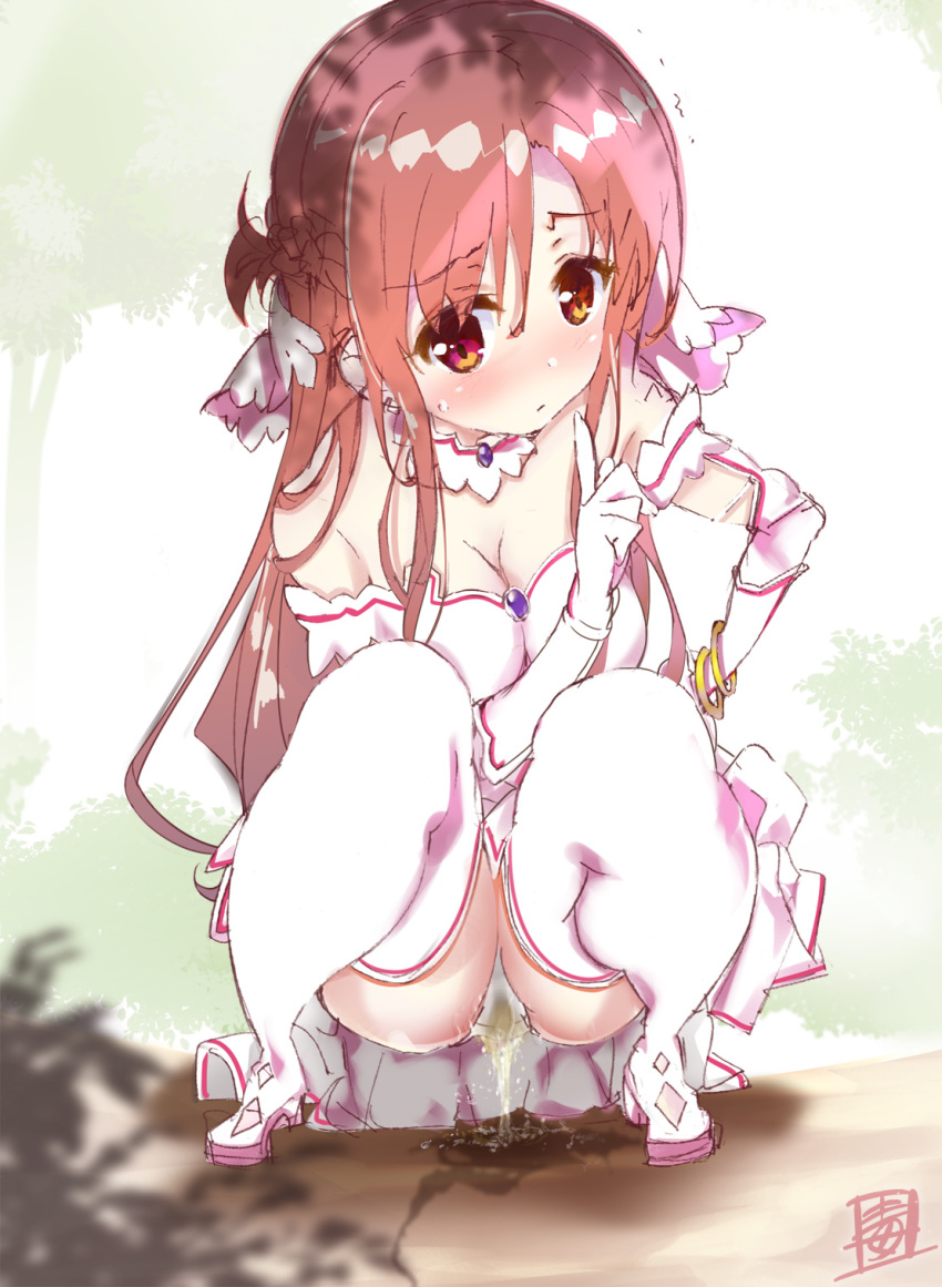 1girls bangs blush bracelet brown_eyes brown_hair doku_momo elbow_gloves female female_only gloves high_heel_boots high_heels long_gloves outdoors outside pantsu pee peeing squatting sword_art_online urine wedding_dress wet_panties yellow_eyes yuuki_asuna