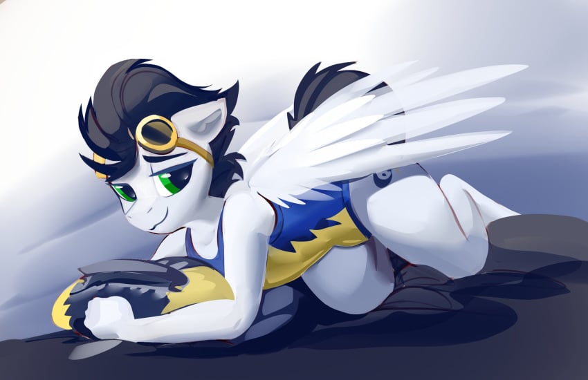 2020 all_fours anthro anthrofied bedroom_eyes bulge clothed clothing color_edit colored crossdressing dimfann edit equid equine eyewear friendship_is_magic furry girly goggles hasbro hi_res looking_at_viewer lying male mammal my_little_pony narrowed_eyes one-piece_swimsuit pegasus seductive soarin_(mlp) solo swimming_goggles swimwear wings wonderbolts_(mlp) yoditax