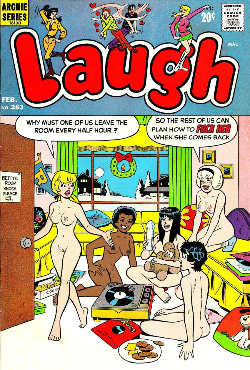 5girls archie_comics areolae ass bare_pussy bedroom betty_and_veronica betty_cooper black_hair blonde_hair breasts casual christmas_wreath comic_cover cookies dark-skinned_female dark_skin dildo female female_only group hairless_pussy holding_dildo human medium_breasts midge_klump moriartyhide multiple_females multiple_girls nancy_woods nipples nude pale_skin pussy record_player records sabrina_spellman sabrina_the_teenage_witch shaved_pussy snow_on_trees veronica_lodge