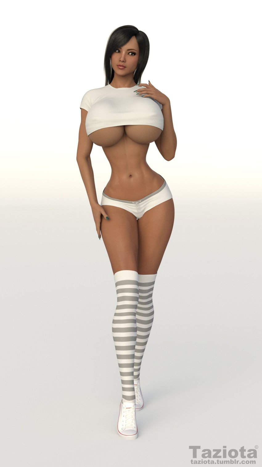 3d big_breasts bimbo black_hair crop_top hourglass_figure large_breasts long_socks navel penelope shorts sportswear taziota underboob