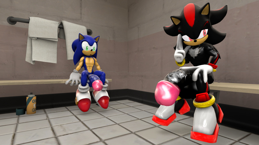 16:9 3d aerosol_can armwear balls bottomless clothing digital_media_(artwork) duo eulipotyphlan footwear genitals gloves green_eyes handwear hedgehog hi_res male male_only mammal mostly_nude penis red_eyes shadow_the_hedgehog shoes sitting_on_bench socks sonic_(series) sonic_the_hedgehog sonicthesploogehog source_filmmaker tile_floor topless towel widescreen