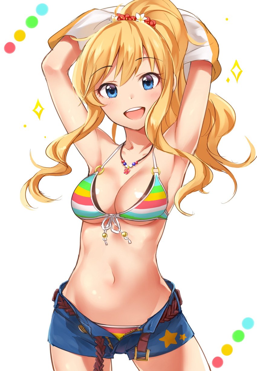 1girls 2020 2020s :d absurdres armpits arms_behind_head arms_up bangs belt bikini bikini_bra bikini_under_clothes blonde_hair blue_eyes blue_shorts blush breasts buckle cleavage color_guide contrapposto cowboy_shot denim denim_shorts eyebrows eyebrows_visible_through_hair female female_only flower front-tie_top grin groin gyaru hair_flower hair_ornament halter_top halterneck happy head_wreath highres horizontal_stripes idolmaster idolmaster_cinderella_girls idolmaster_cinderella_girls_starlight_stage jean_shorts jewelry kogal long_hair looking_at_viewer medium_breasts multicolored multicolored_panties multicolored_stripes navel necklace o-ring o-ring_top ootsuki_yui open_fly open_mouth panties ponytail shiny shiny_skin shirt_lift short_shorts shorts simple_background smile solo sparkles standing star_(symbol) star_print stomach string_bikini striped striped_bikini striped_swimsuit swimsuit swimsuit_under_clothes takeashiro teeth tomboy underboob undressing unzipped wavy_hair white_background