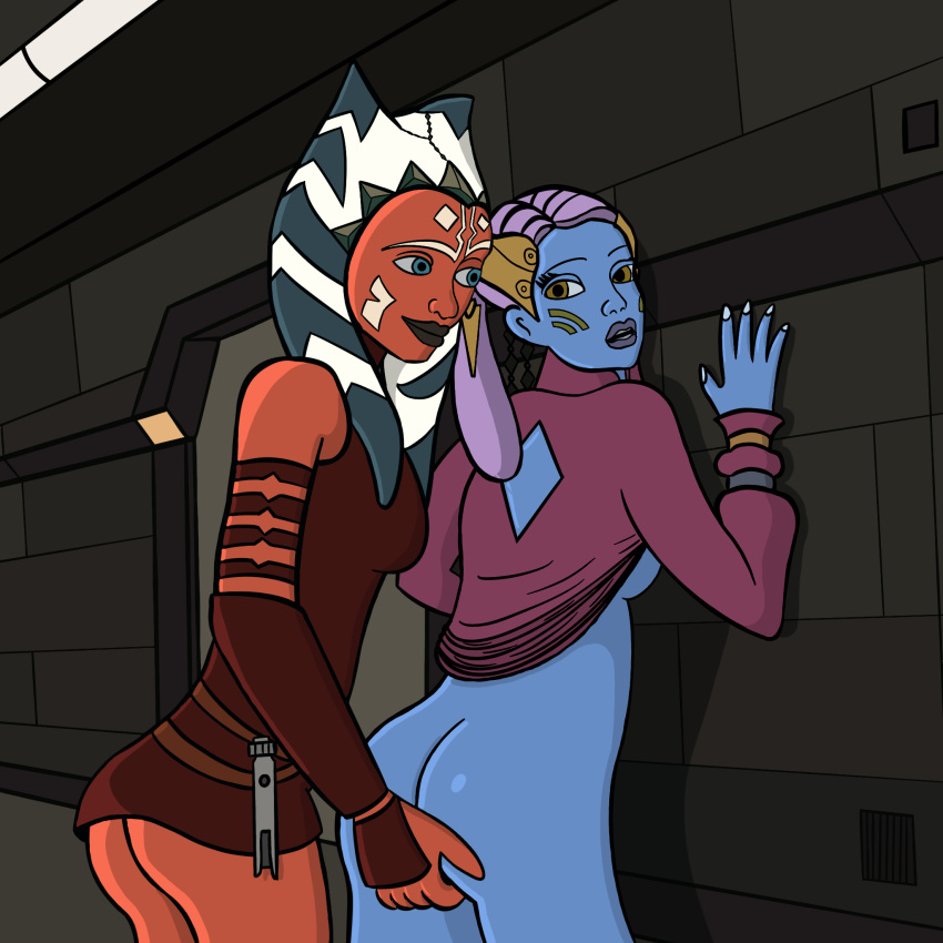 2d 2girls against_wall ahsoka_tano alien alien_girl ass ass_grab bare_ass blue-skinned_female blue_eyes blue_skin bottomless ceiling_light clone_wars clothing cptn_xxx door face_tattoo facial_markings female female_only fingering fingering_partner groping groping_ass groping_from_behind half_dressed half_nude hallway indoors jedi jedi_padawan lamp lightsaber lightsaber_hilt looking_at_another looking_back multiple_girls open_mouth orange_skin pantoran partially_clothed riyo_chuchi senator shirt_up sideboob standing star_wars tattoo teeth the_clone_wars:_season_four togruta yuri