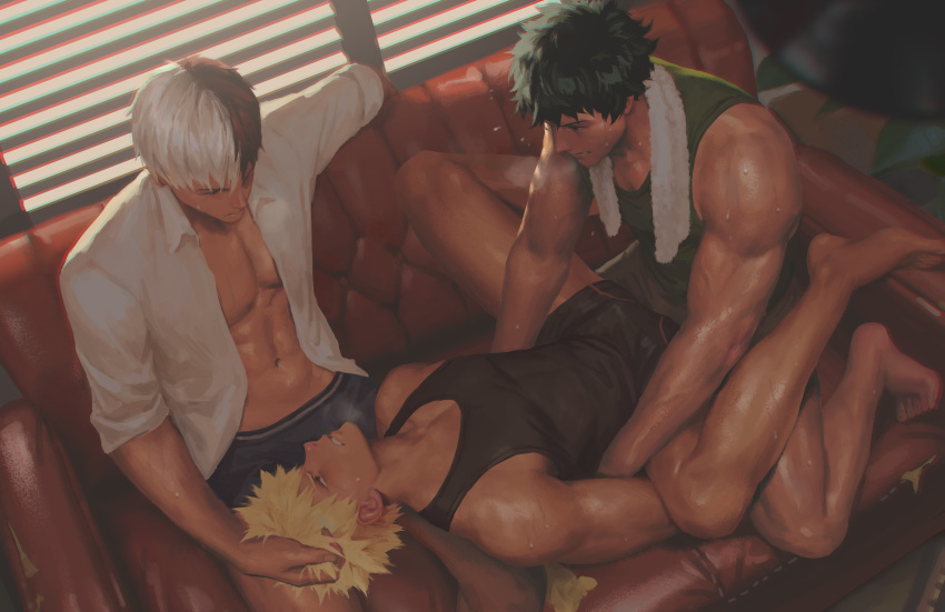 bakubottom gay green_hair izuku_midoriya katsuki_bakugou male male_only my_hero_academia penguin_frontier shirt shouto_todoroki sofa sweat yaoi