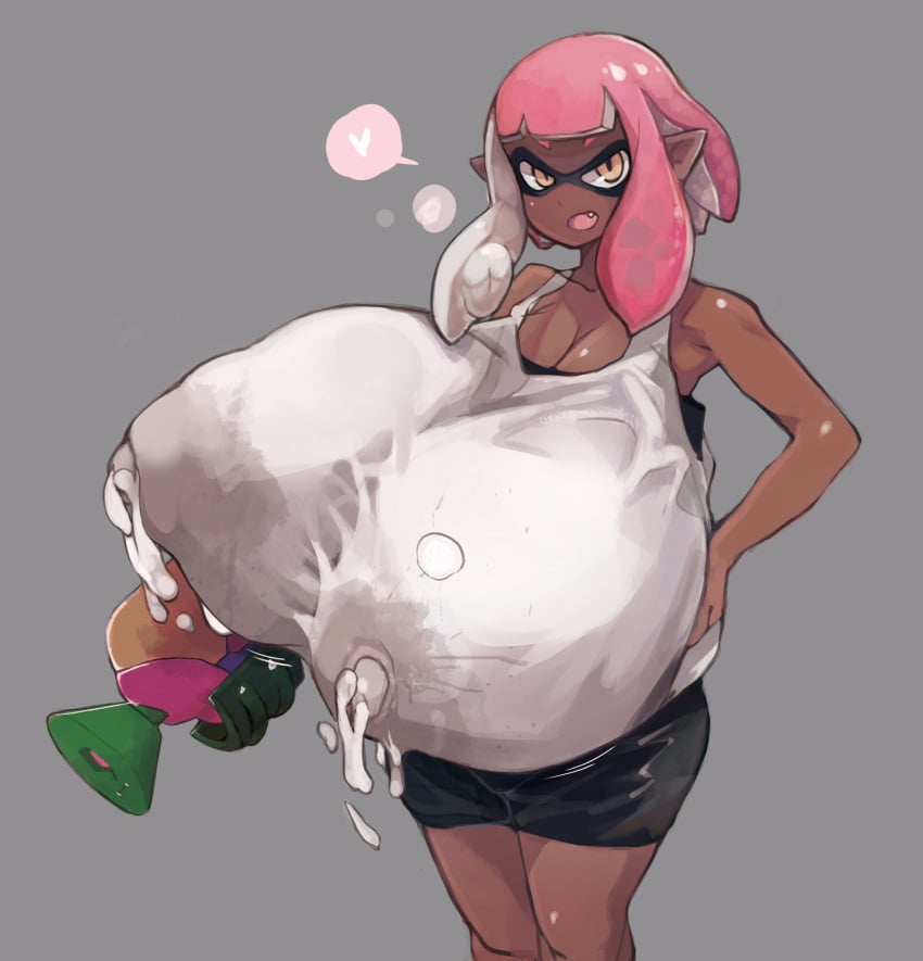 1girls anthro breasts breasts_bigger_than_head cephalopod cephalopod_humanoid dark-skinned_female dark_skin fang female female_only humanoid hyper hyper_breasts inkling inkling_girl kemomoz lactation lactation_through_clothes mask_(marking) milk nintendo pink_hair pointy_ears short_hair solo splatoon splatoon_2 splattershot squid surume_(splatoon) tentacle tentacle_hair yellow_eyes