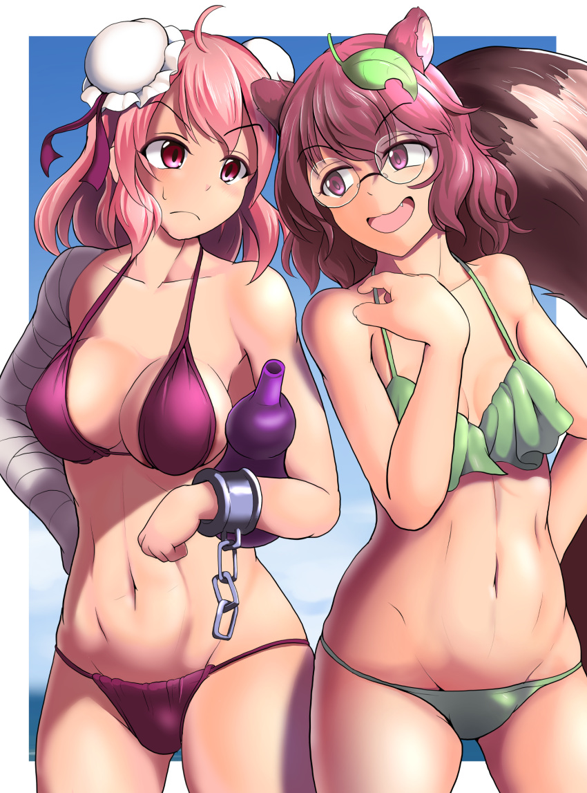 2girls bikini brown_eyes brown_hair glasses gourd kasen_ibaraki large_breasts mamizou_futatsuiwa nioti pink_hair red_eyes small_breasts string_bikini tagme tanuki touhou